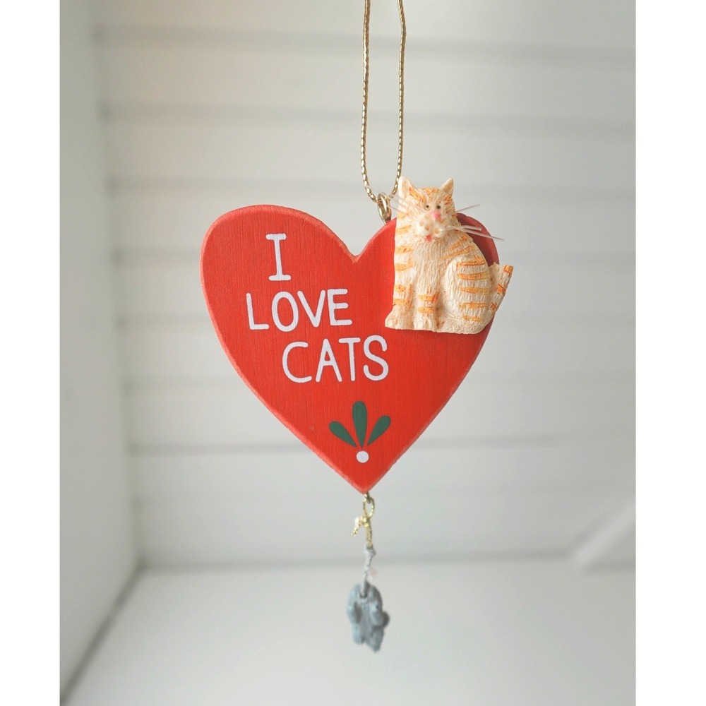 I Love Cats Ornament Wall Decor Vintage Mouse Orange Cat Wooden Handmade